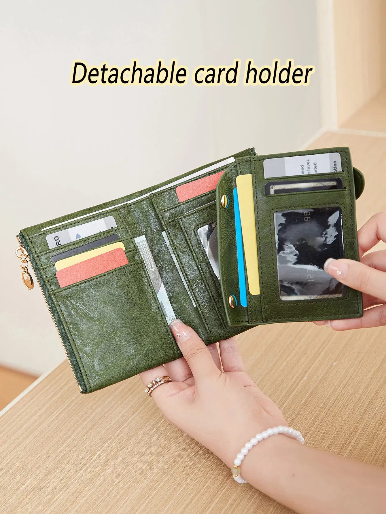 Color: Brown - Minimalist Women's Wallet Short Three Layer Large Capacity Double Zipper Card Holder ID Card Credit Bank Card Holder Money Bag