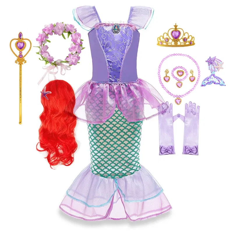 Color: Red, Kid Size: 5 - Disney Little Mermaid Ariel Costumes for Girls Princess Dress Cosplay Halloween Carnival Kids Birthday Party Dress Up Clothing