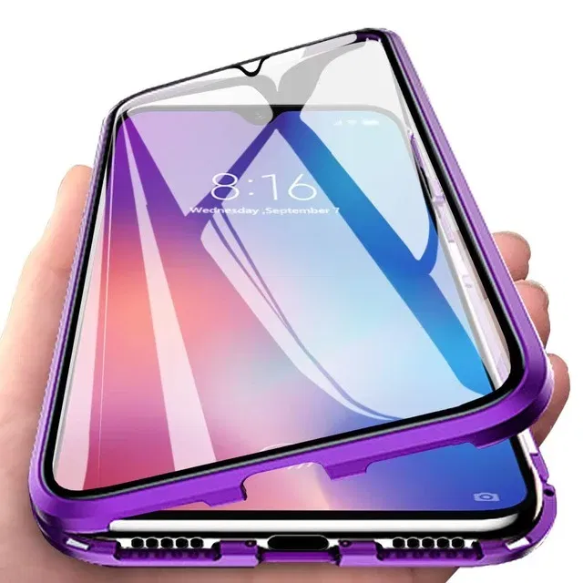 Color: PURPLE, Bundle: Case & Screen Protector, Material: CANVAS - 360 ?°Full Protection Metal Frame Magnetic Case For OPPO Reno 10 11 Pro 7 4G 7 Z 8 Lite 8Z 5G Double-Sided Glass Cover Cases