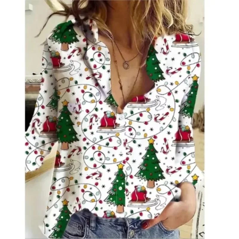 Color: Khaki, Size: XL, Ships From: CHINA - Women New Christmas Shirt Cute Christmas Tree Santa Claus Print Blouses Casual Long Sleeve Button Tops Autumn Blouses Ladies