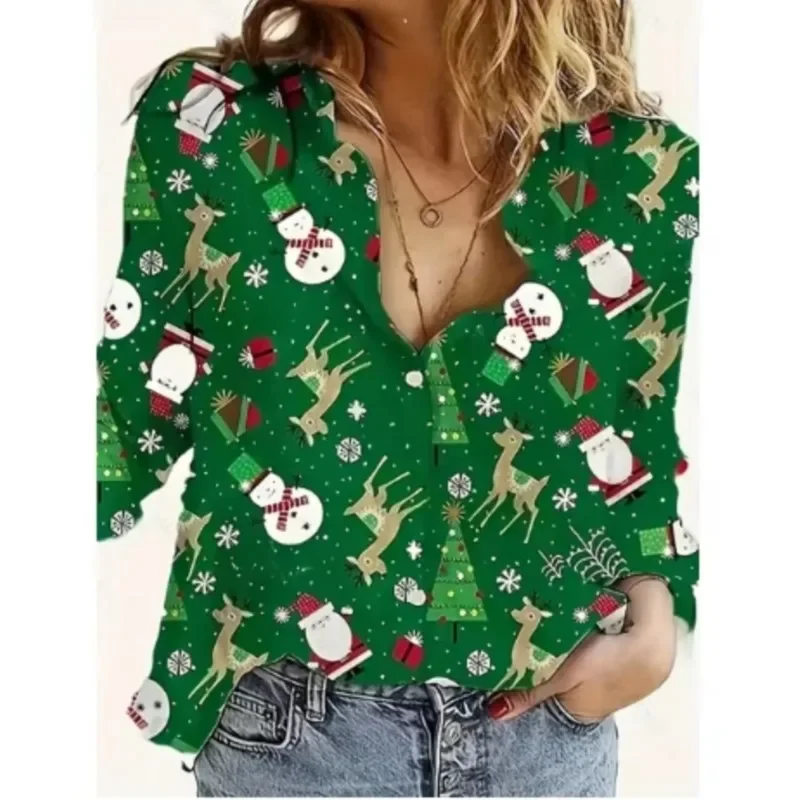 Color: Khaki, Size: XL, Ships From: CHINA - Women New Christmas Shirt Cute Christmas Tree Santa Claus Print Blouses Casual Long Sleeve Button Tops Autumn Blouses Ladies