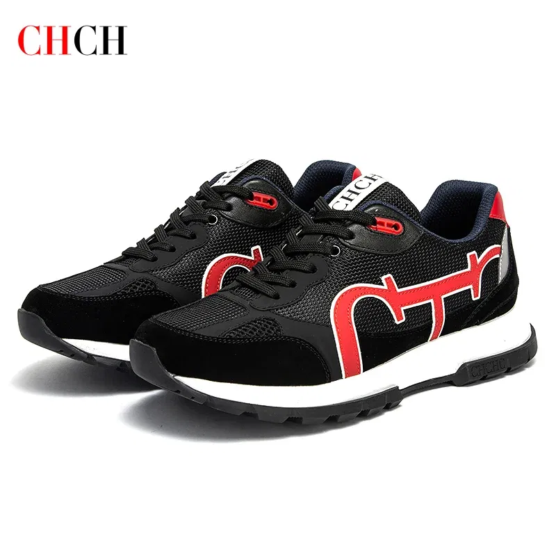 Color: GRAY, Shoe Size: 6.5 - CHCH Men's Tennis Shoes Black Cow Leather Material Stitching Design Men's Shoes Sports Shoes