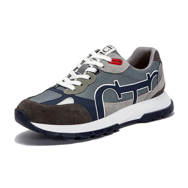 Color: GRAY, Shoe Size: 6.5 - CHCH Men's Tennis Shoes Black Cow Leather Material Stitching Design Men's Shoes Sports Shoes