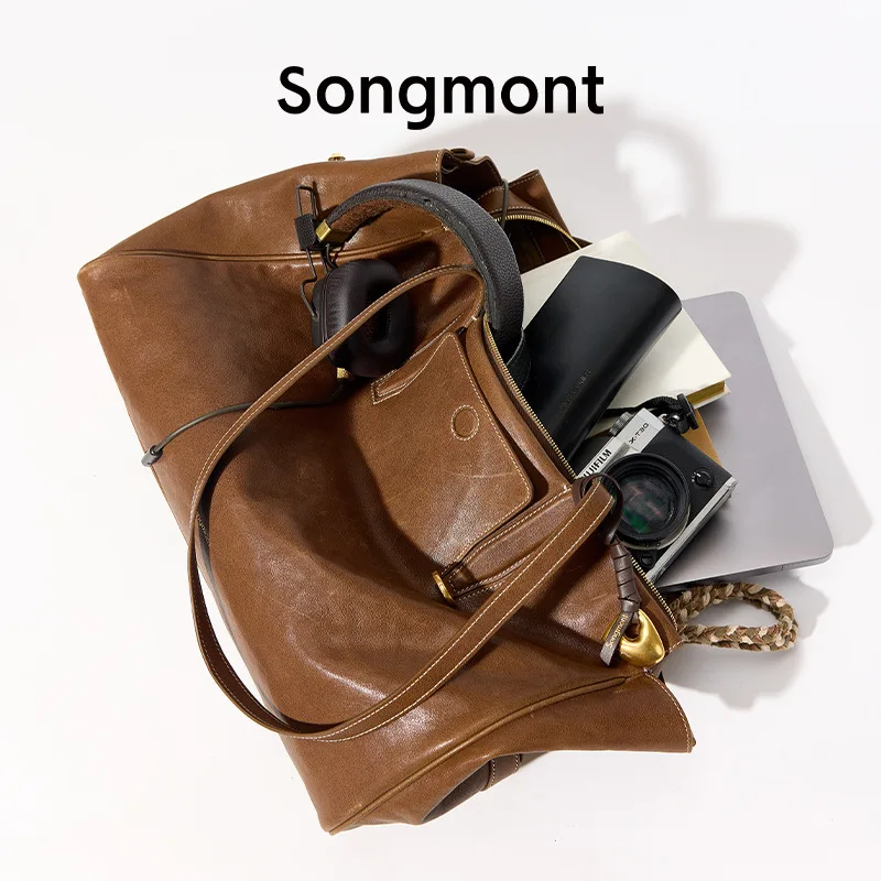 Color: NUDE - Songmont Tracking Series Travel Bag Vegetable Tanned Leather Briefcase, Simple Shoulder Bag