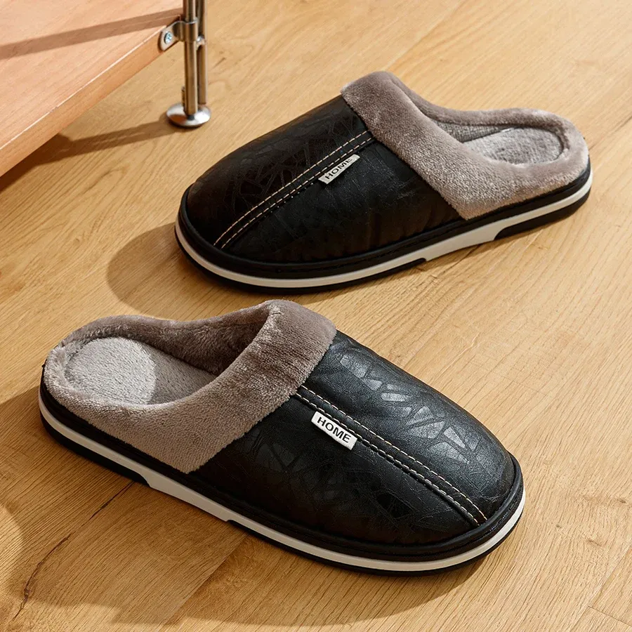 Color: Blue, Shoe Size: 4 - Big Size Winter Casual Men's Slippers Indoor Waterproof PU Leather Home Shoes Fur Flat Warm Fashion Bedroom Houseshoes