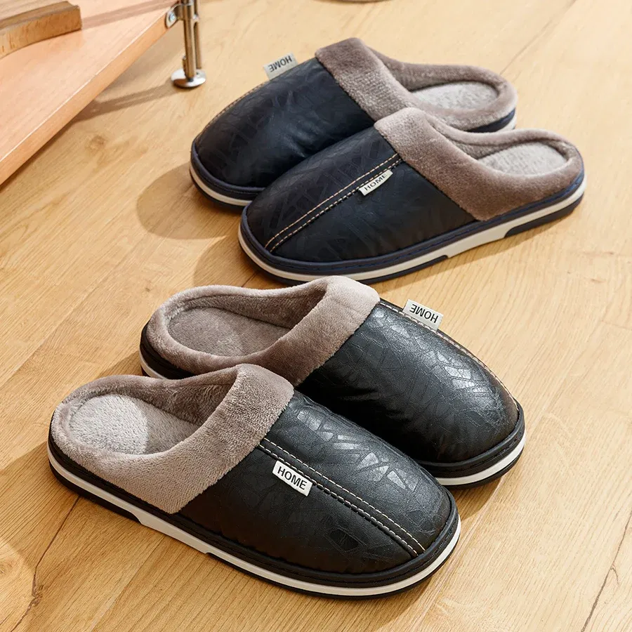Color: Blue, Shoe Size: 4 - Big Size Winter Casual Men's Slippers Indoor Waterproof PU Leather Home Shoes Fur Flat Warm Fashion Bedroom Houseshoes