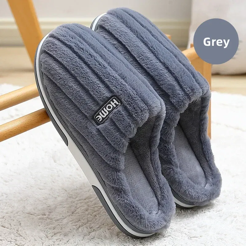 Color: GRAY, Shoe Size: 40-41 - New Men Big Size 48 49 Winter Warm Slippers Women Soft Plush Furry Shoes Casual Flats Home Couples Bedroom Anti-Slip Slides