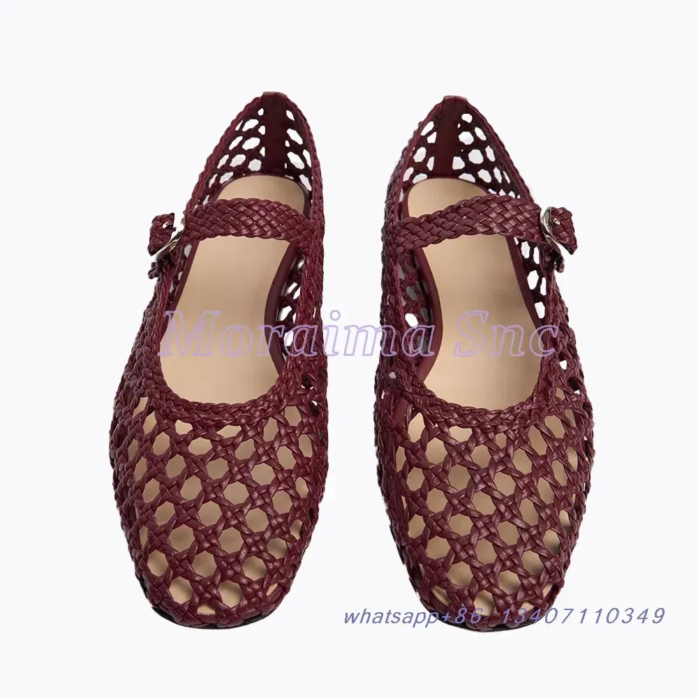 Color: wine red, Shoe Size: 43 - Hollow Woven Leather Ballet Shoes Flat With Round Toe Ankle Buckle Strap Fashion Shallow Women Shoes Mary Janes Summer New 2025