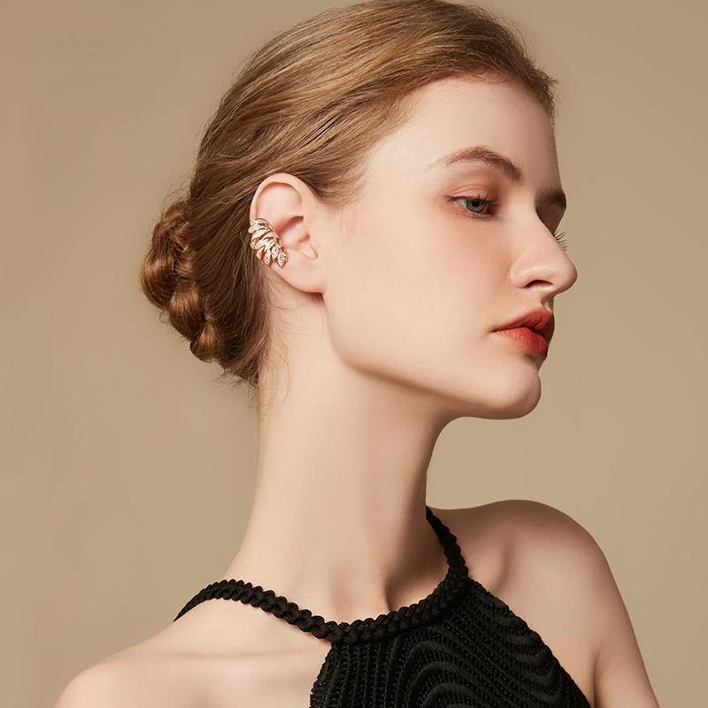 Metal Color: Light Yellow Gold Color - Gold Silver Color Metal Leaves Ear Clips Without Piercing For Women Sparkling Zircon Ear Cuff Clip Earrings Wedding Jewelry