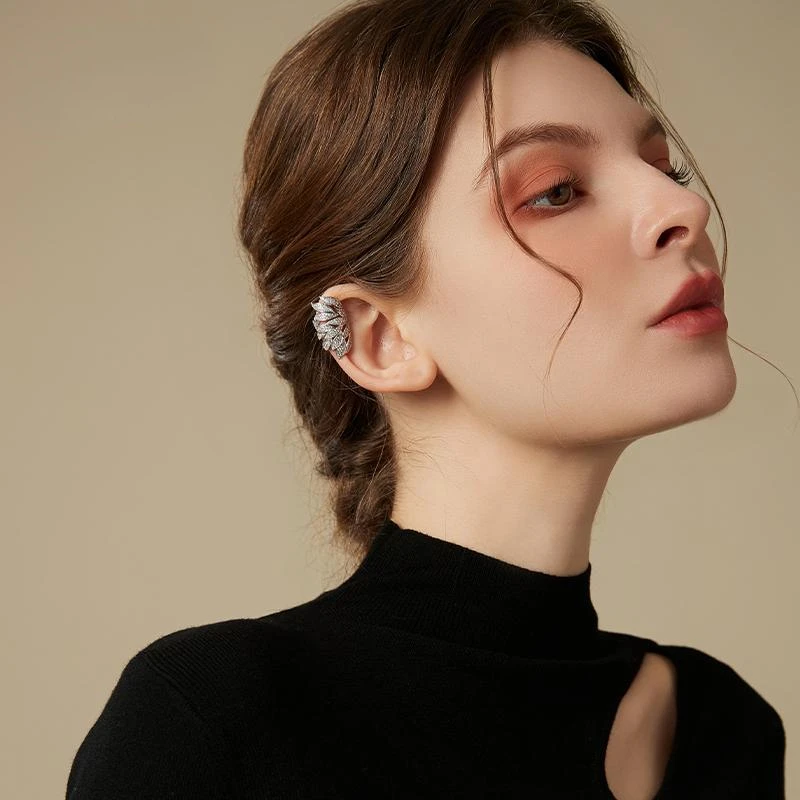 Metal Color: Light Yellow Gold Color - Gold Silver Color Metal Leaves Ear Clips Without Piercing For Women Sparkling Zircon Ear Cuff Clip Earrings Wedding Jewelry