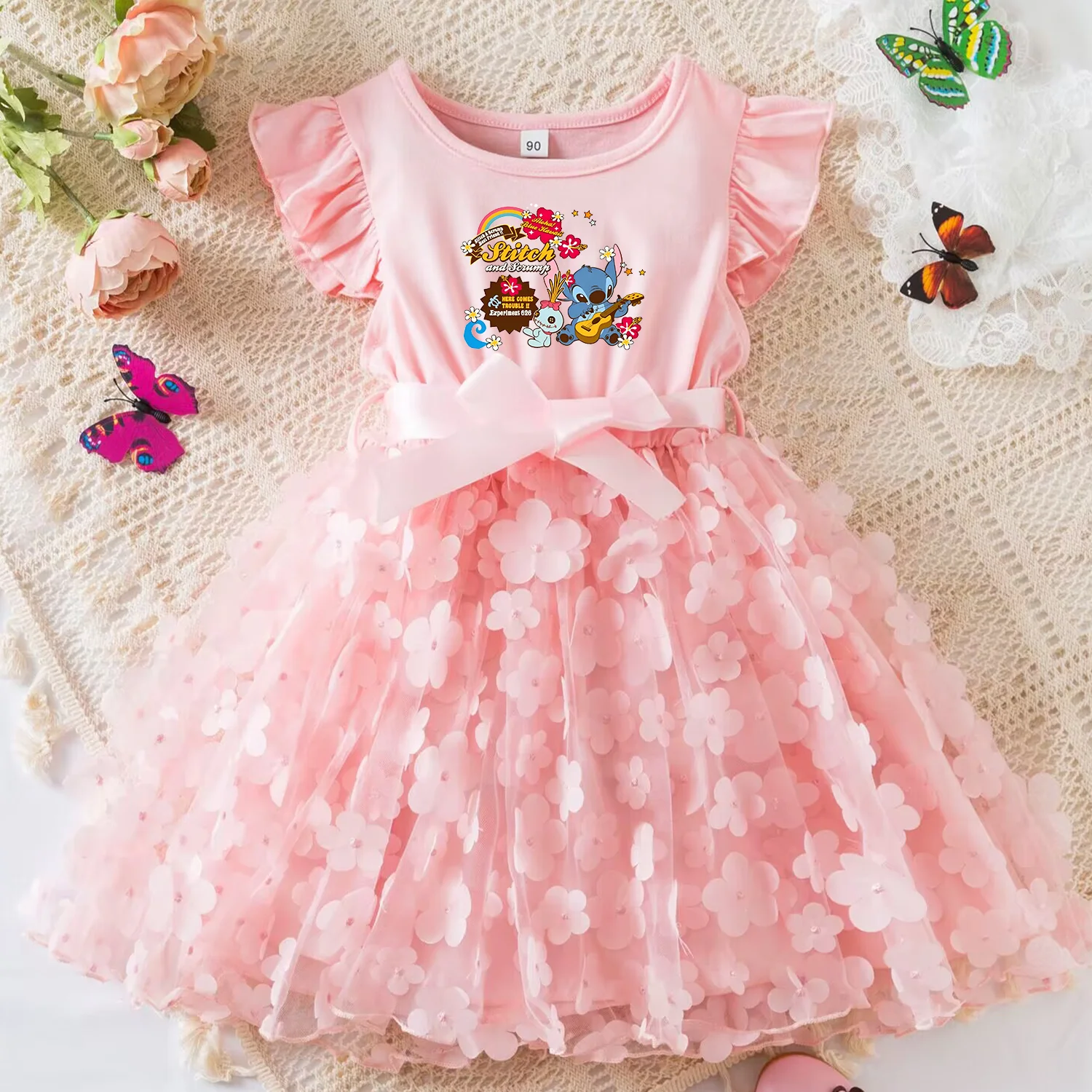 Color: Blue, Size: S - 3D Butterfly Cute Lilo Stitch Summer Dress for Kid's Casual Clothes Baby Girls Beautiful Princess Dress Party Dresses 2-6 Yrs