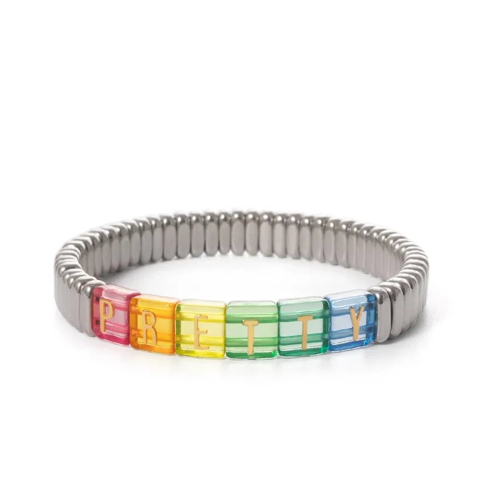 Metal Color: Light Yellow Color, Ships From: CHINA - Wholesale Gold Silver Color Elastic Bracelets Handmade Letter Charms Bracelets For Women 2X8MM Beads Bracelets Bohemain Jewelry