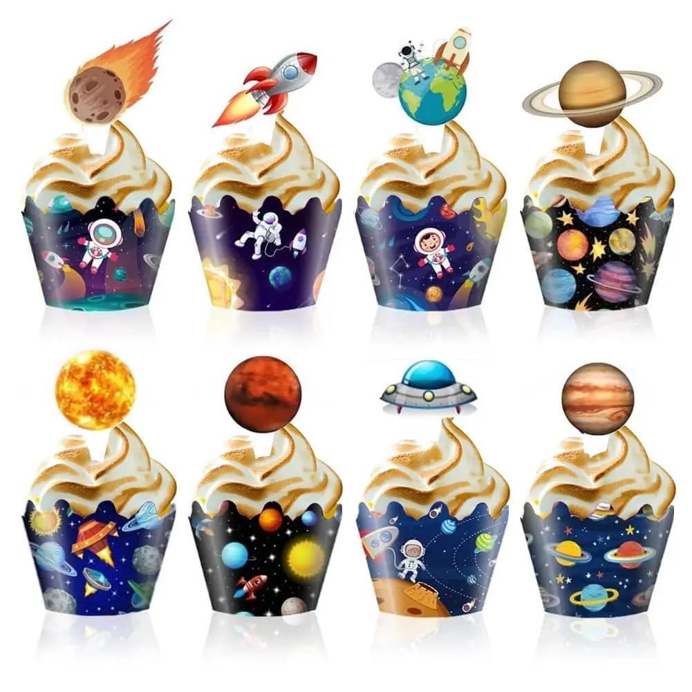 Outer Space Cupcake Toppers and Wrappers Space Themed Party Cupcake Decorations for Kids Birthday Baby Shower Party