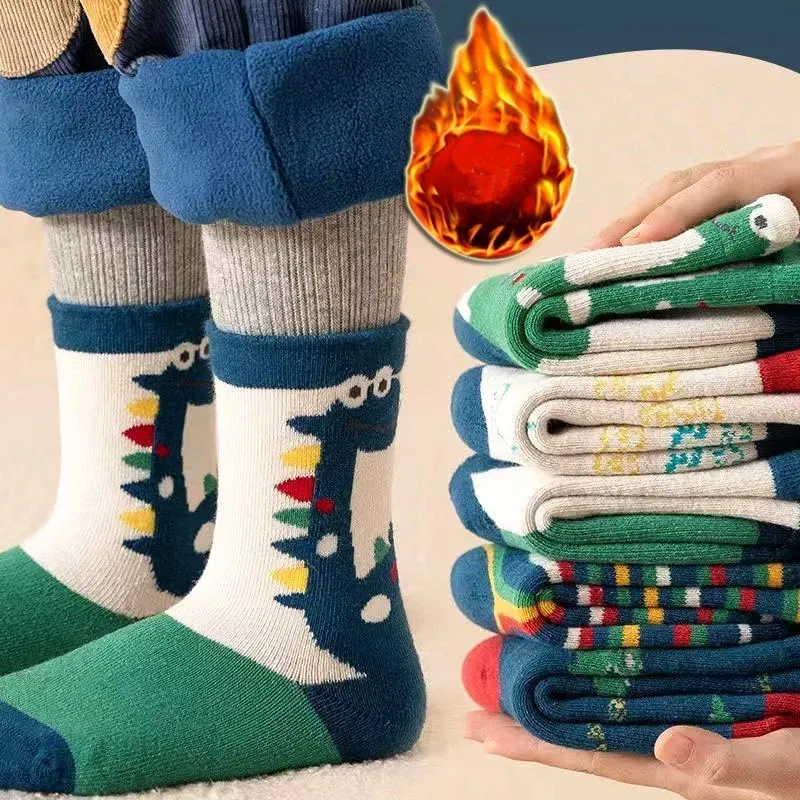 Color: Brown, Size: 7-9T - Children's Winter Socks 5 Pairs Student's Thick Cotton Socks Boys Warm Winter Socks Cartoon Racing Car Pattern