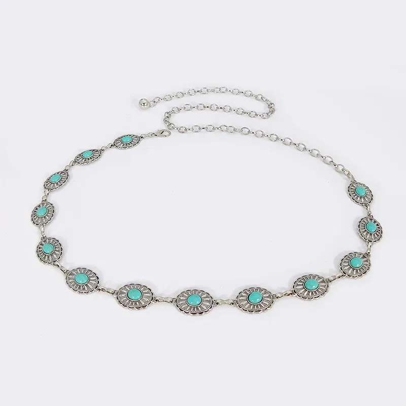 Color: army green, Belt Length: 110cm - Fashion Silver Bohemian female circular waist chain luxury blue gemstone Ellipse chain belts for women suitable for Skirts dress
