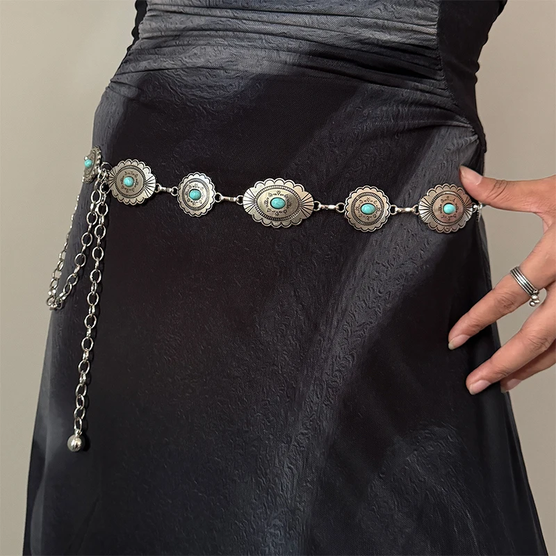 Color: army green, Belt Length: 110cm - Fashion Silver Bohemian female circular waist chain luxury blue gemstone Ellipse chain belts for women suitable for Skirts dress