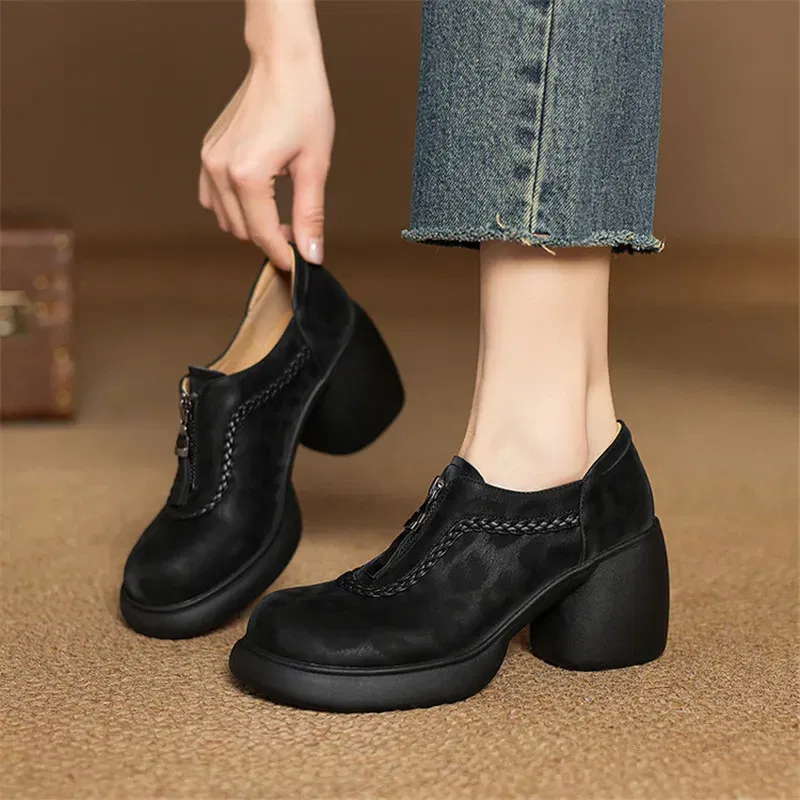 2025 New Spring Leopard Print Sheep Leather Woman Shoes Round Toe High Heel Women Pumps Shoes for Women Fashion Platform Loafers