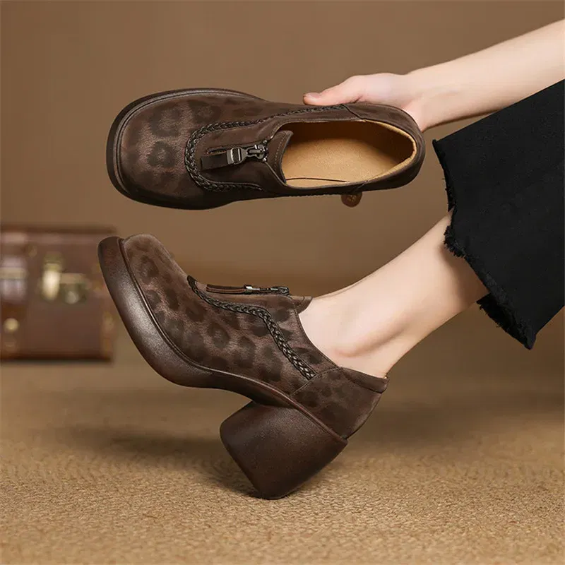 2025 New Spring Leopard Print Sheep Leather Woman Shoes Round Toe High Heel Women Pumps Shoes for Women Fashion Platform Loafers
