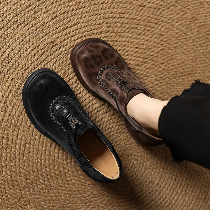 2025 New Spring Leopard Print Sheep Leather Woman Shoes Round Toe High Heel Women Pumps Shoes for Women Fashion Platform Loafers