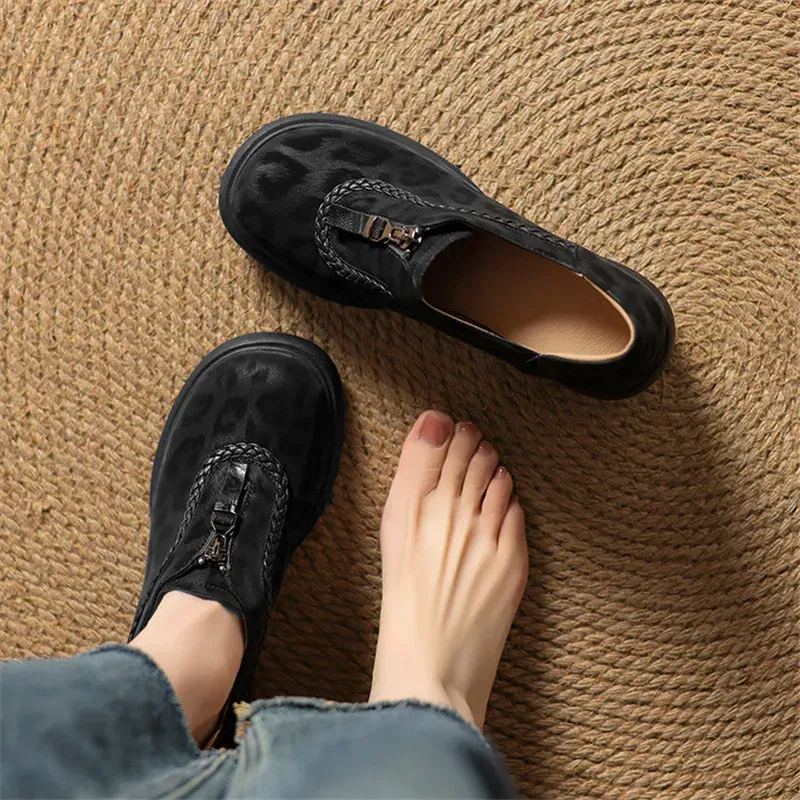 2025 New Spring Leopard Print Sheep Leather Woman Shoes Round Toe High Heel Women Pumps Shoes for Women Fashion Platform Loafers