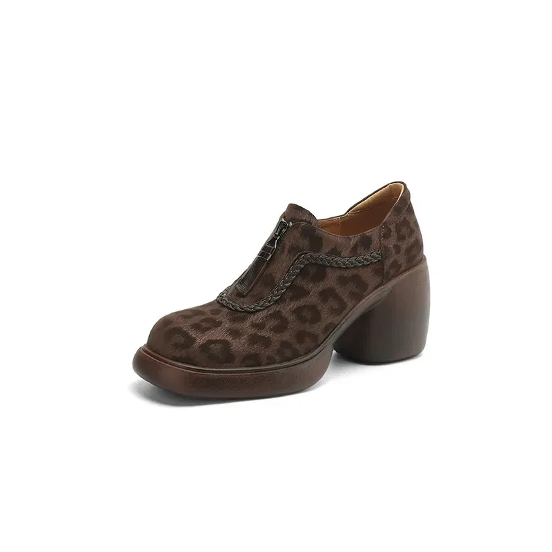 2025 New Spring Leopard Print Sheep Leather Woman Shoes Round Toe High Heel Women Pumps Shoes for Women Fashion Platform Loafers