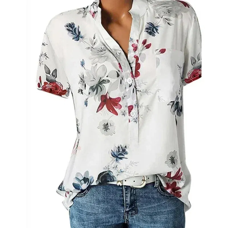 Color: WHITE, Size: 5XL - Temperament new women's shirt printing large size casual shirt loose V-neck short-sleeved shirt blouse