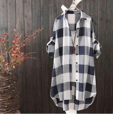 Color: Blue, Size: M - Women's Plaid Cotton Shirt Chic Women Blouse Elegant and Youth Women's Blouses New In External Clothes Korean Style