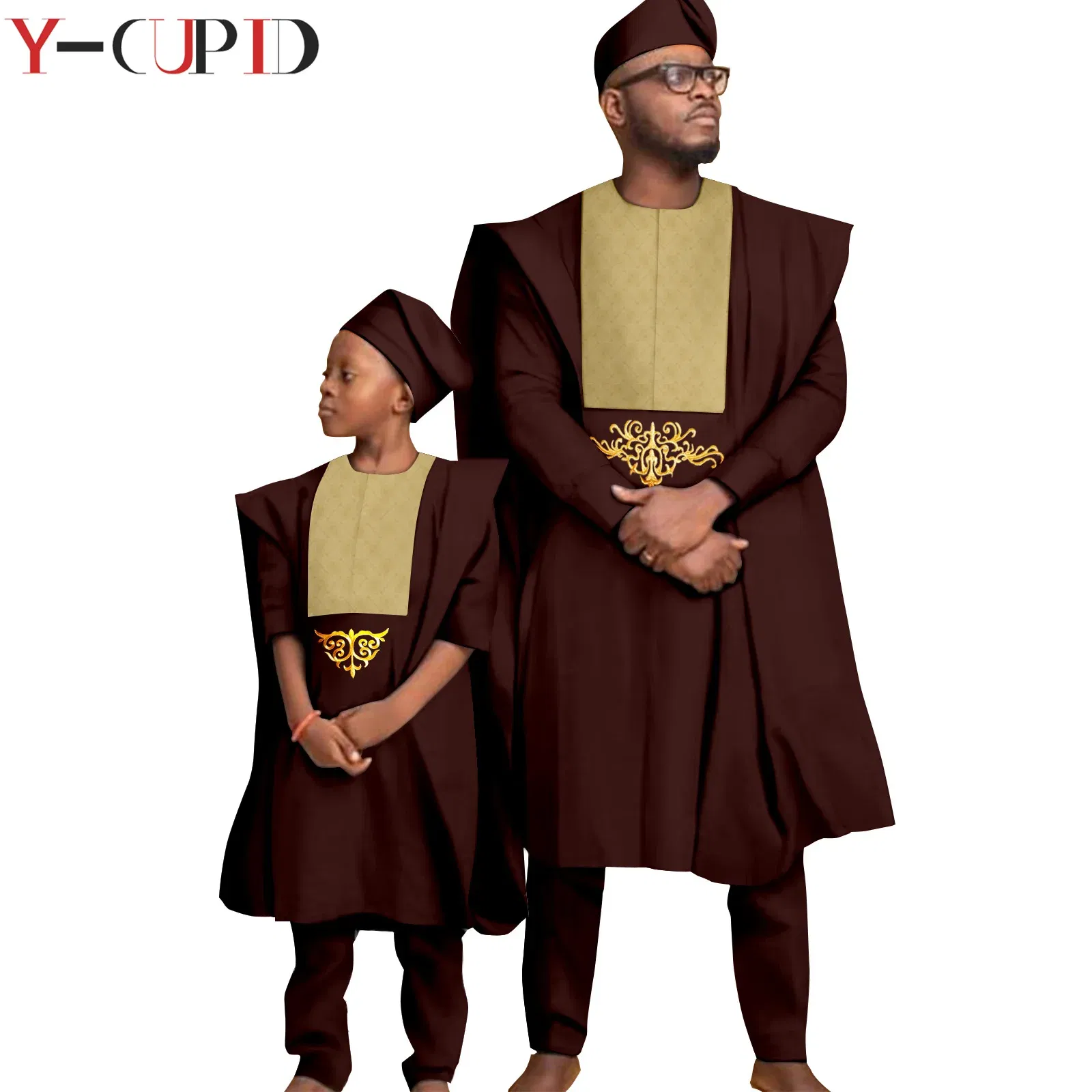 Color: Gold, Size: XL - African Clothes for Men Top Pants Robes Hat Sets Match Kid Boy Sets Dashiki Father and Son Bazin Riche Family Outfits Y20F001