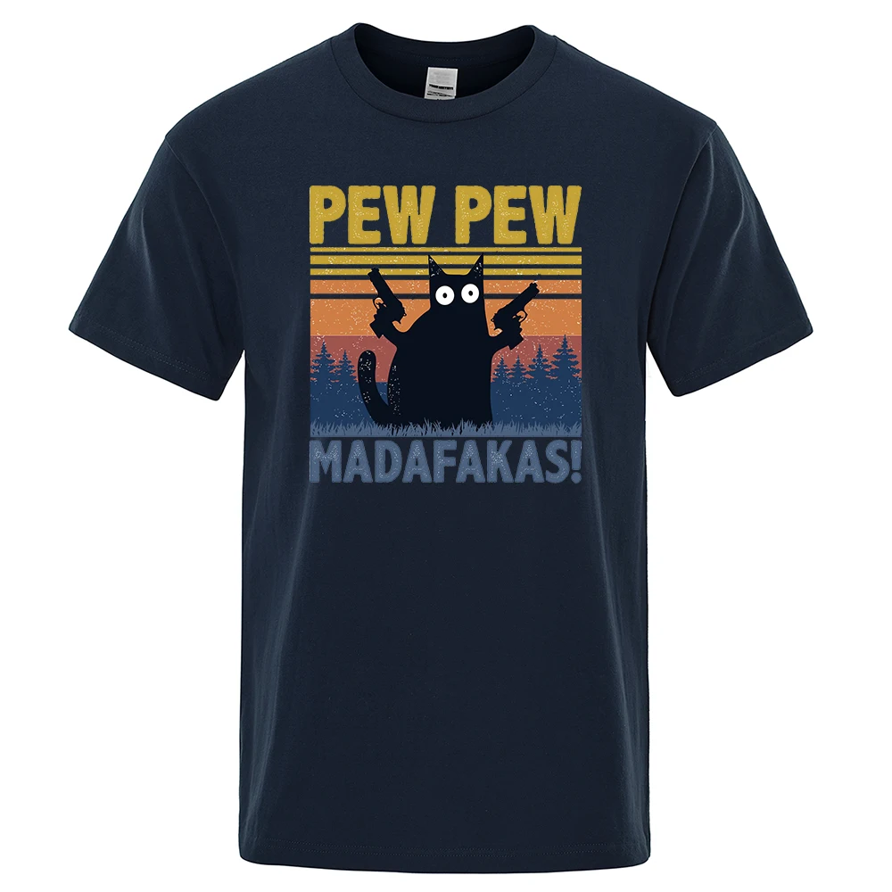 Color: Navy Blue, Size: XXXL - Pew Pew Madafakas Tshirt Men Short Sleeve Novelty Funny Cat T Shirt Cotton Oversize Tops Shirts Tee T-Shirt Crew Neck Streetwear