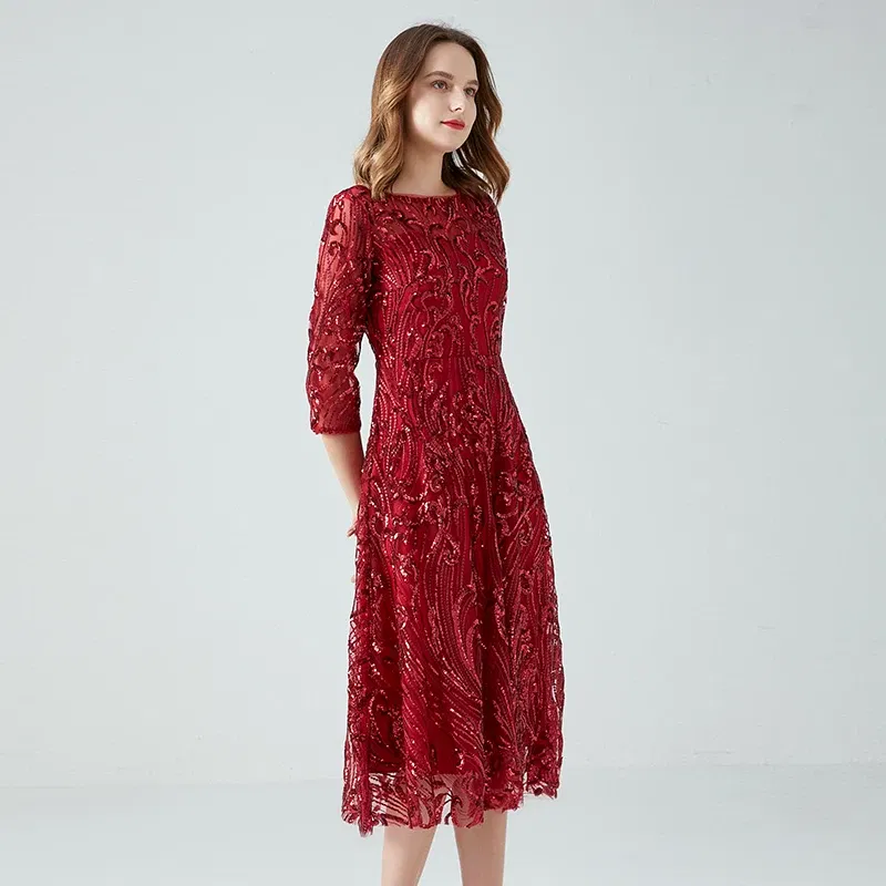 Color: Burgundy, Size: XXL - Women's Lace Dress Sequin Evening Dresses Spring and Autumn New Wedding Banquet Broad Wife Fat Plus Size Long Dress Long Red