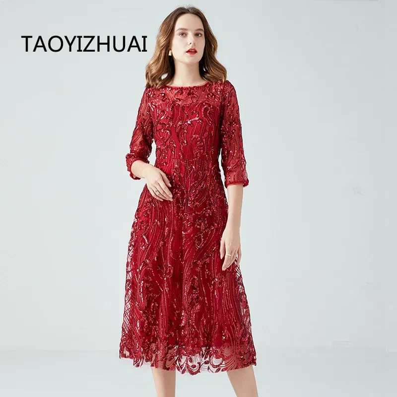 Color: Burgundy, Size: XXL - Women's Lace Dress Sequin Evening Dresses Spring and Autumn New Wedding Banquet Broad Wife Fat Plus Size Long Dress Long Red