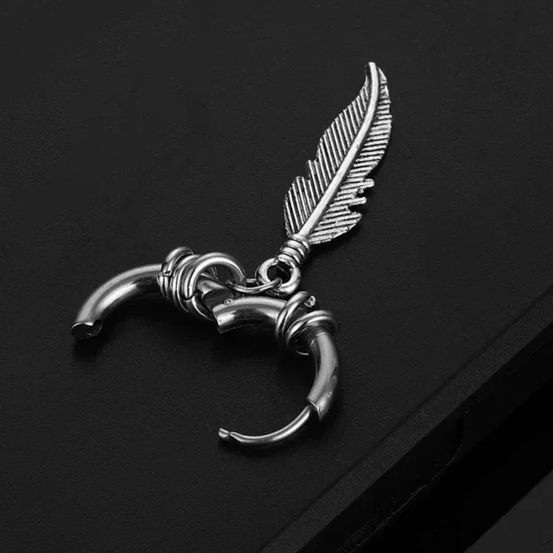 Metal Color: multi - 2pcs Fashion Cross Feather Stud Earrings, Punk Rock Style For Women Men High Quality Stainless Steel Hiphop Ear Jewelry