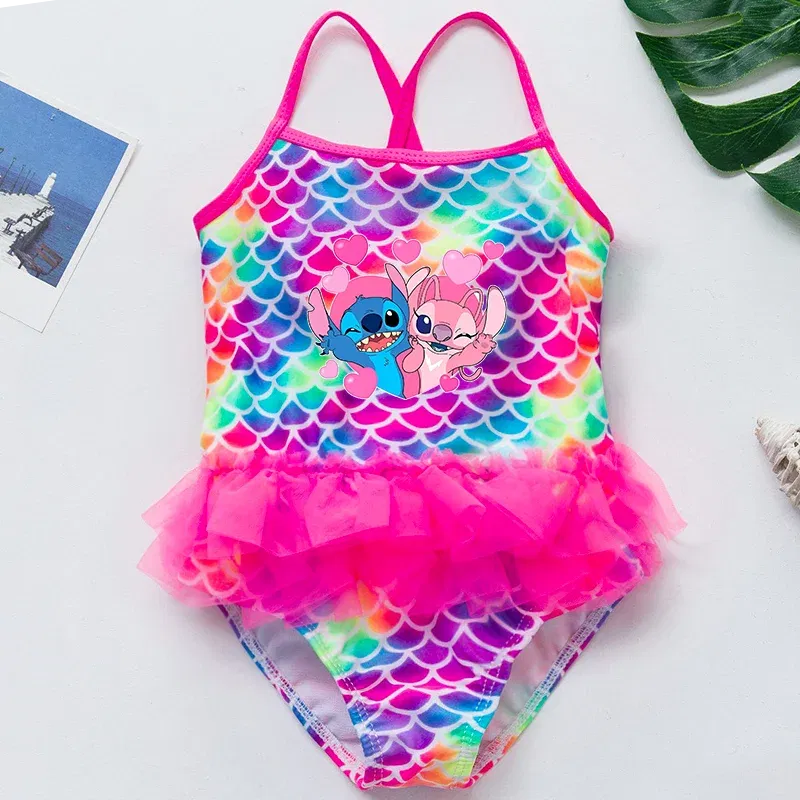 Color: WHITE, Kid Size: 18M - Lilo Stitch Girl Swimsuit Summer One-Piece Swimwear Beachwear Pool Mermaid Fish Scale Print Bikini Bathing Outfit Swimming Wear