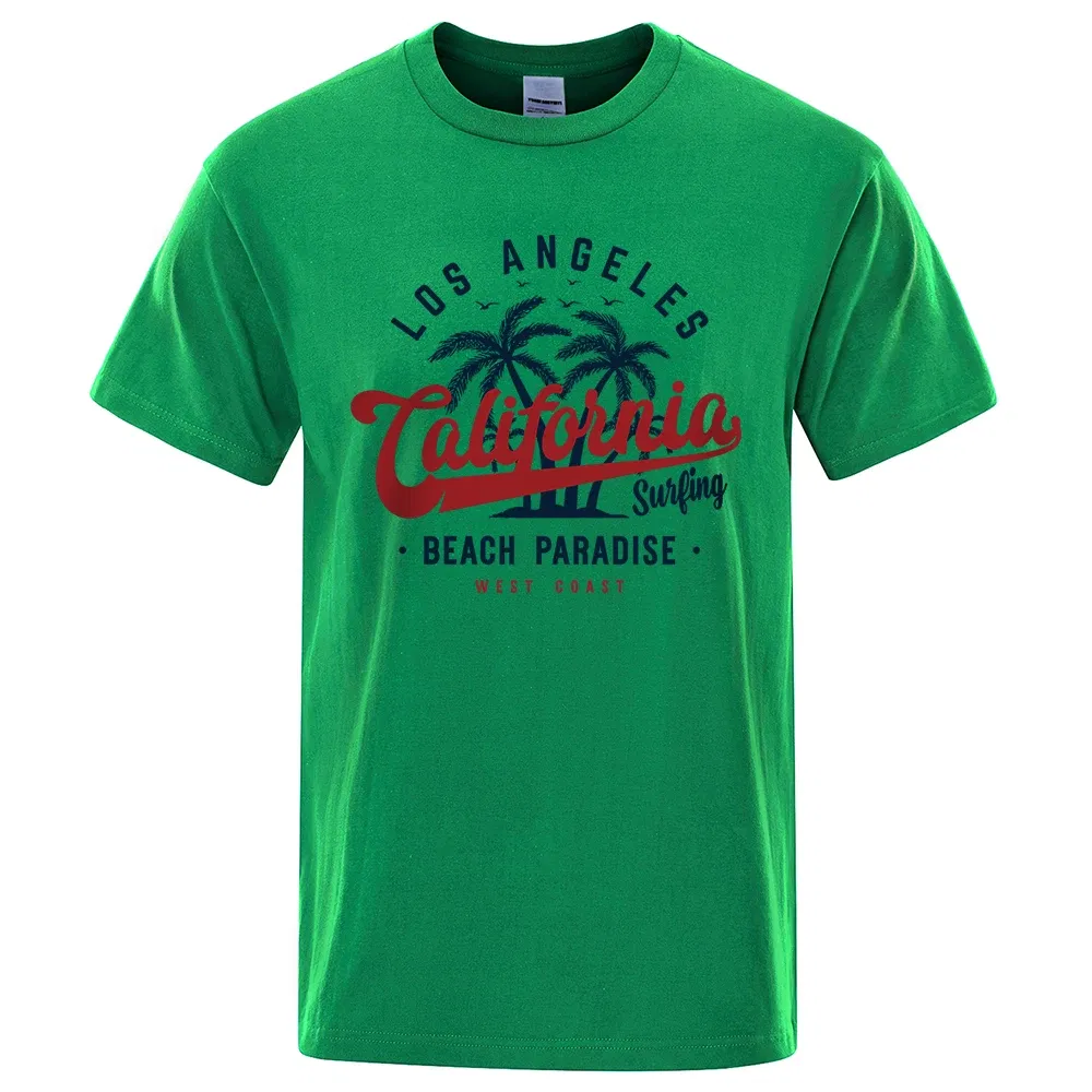 Color: green, Size: M - Los Angeles California Beach Paradise Men Tops Fashion Crewneck T Shirt Cotton Summer T-Shirt Breathable Oversize Clothes