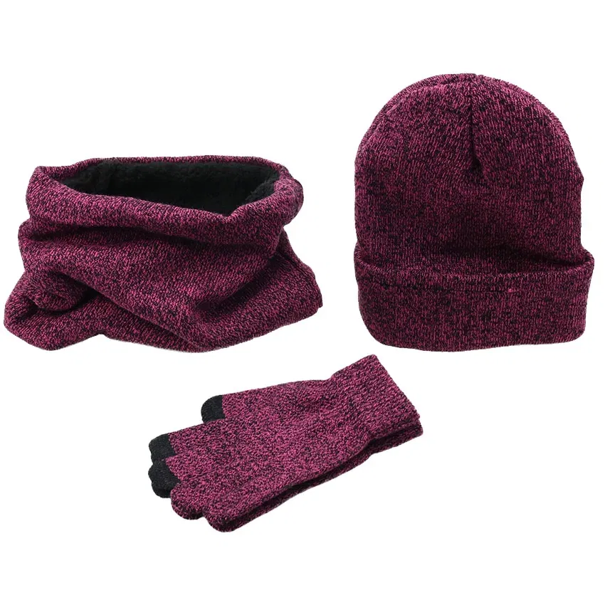 Color: plum, Size: One Size - 3 Pieces/Set Winter Women Hats Scarves Gloves Kit Fashion Knitted Plus Velvet Hat Scarf Set For Male Female Beanies Scarf Gloves