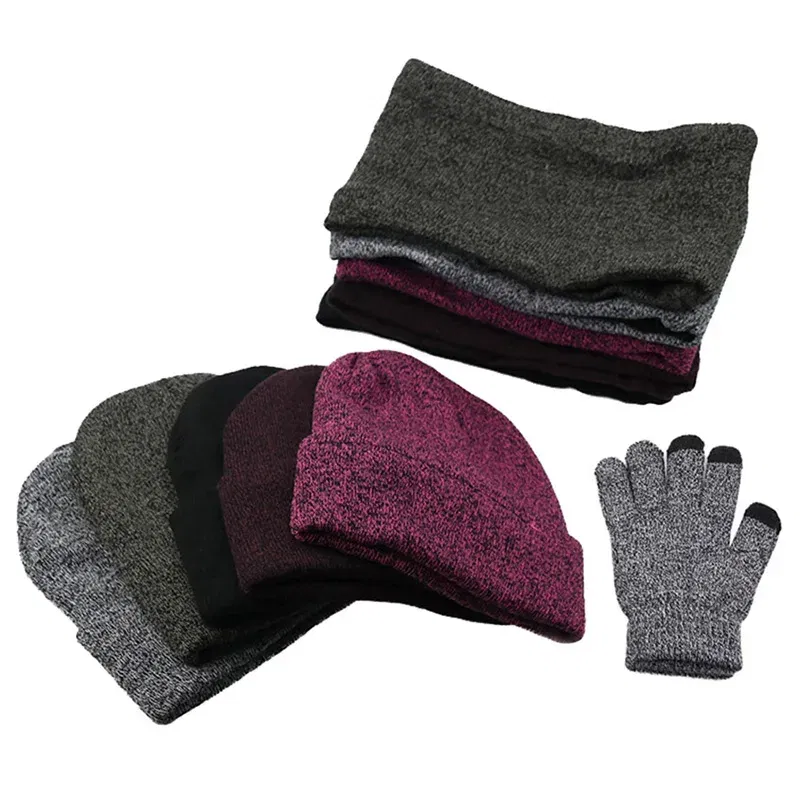Color: plum, Size: One Size - 3 Pieces/Set Winter Women Hats Scarves Gloves Kit Fashion Knitted Plus Velvet Hat Scarf Set For Male Female Beanies Scarf Gloves