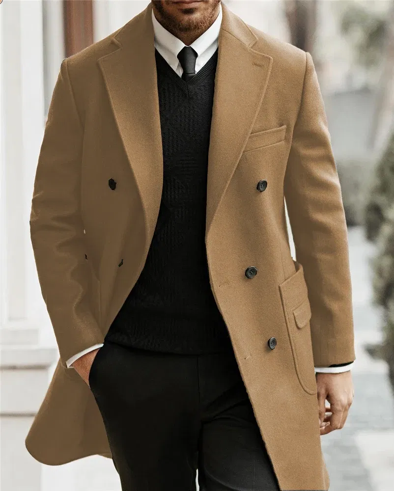 Color: Brown, Size: XS - Classic Man Trench Coat Customized Notched Lapel Full Man Terno Double Breasted Elegant Gentleman Long Coat Men's Winter Jacket