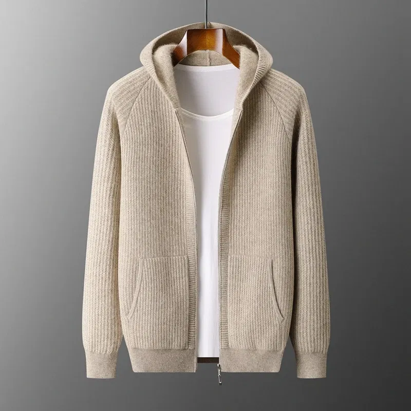 Color: Blue, Size: S, Ships From: CHINA - New Product 100% Merino Wool Knitted Cardigan For Men Hooded Sweater Casual High-end Jacket Men's long Sleeved Wool Sweater Coat