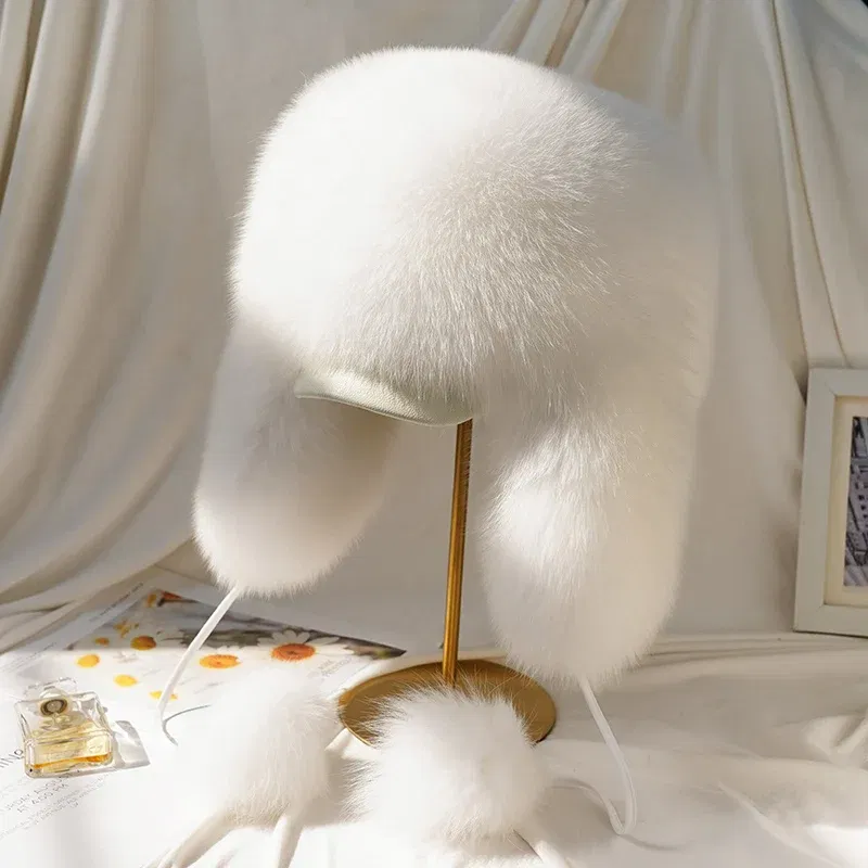 Color: PURPLE, Hat Size: 57 - 2025 Winter 100% Real Silver Fox Fur Bomber Hat Raccoon Fur Ushanka Cap Trapper Russian Men's Ski Hats Caps