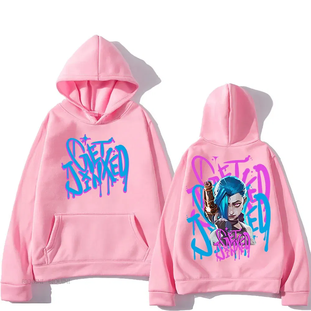 Color: GRAY, Size: XXL - Arcane Jinx Cute Hooded Anime Print Harajuku Kawaii Sweatshirt Long-sleeved Cartoon Fleece Clothes Moletom Fashion Pullovers