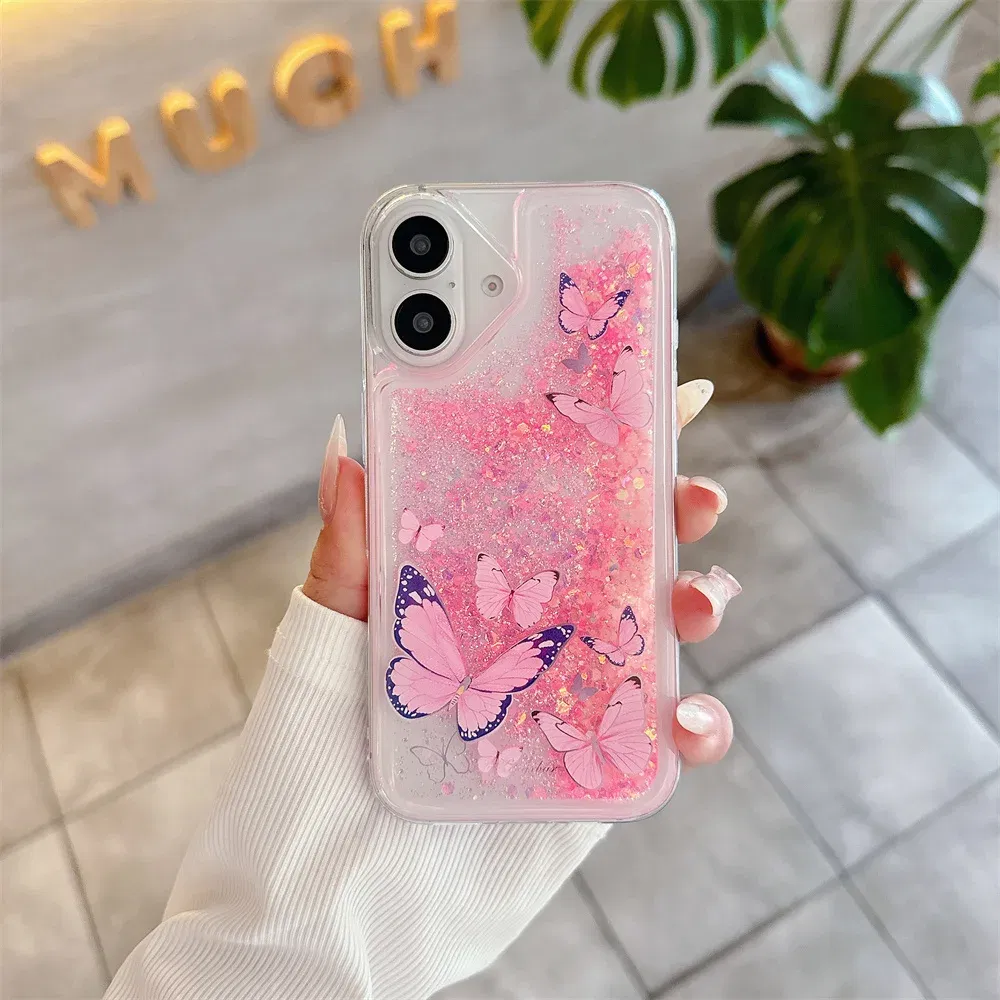 Color: Pink, Material: Nylon - Luminous Quicksand Glitter Butterfly Case for iPhone 16 15 14 Pro Max Plus 13 12 Mini 11 X Xs XR Soft Silicone Bling Shiny Cover