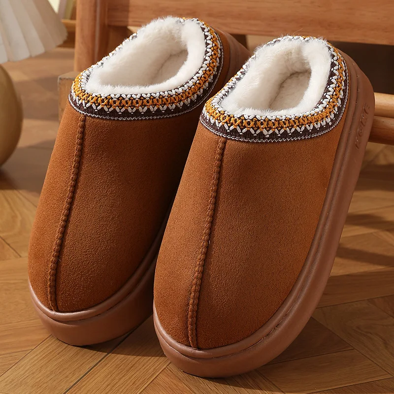 Color: Brown, Shoe Size: 38-39 - Comfort Thick Bottom Cotton Slippers Women 2025 Winter Warm Thick Plush Non Slip Furry Clogs Shoes Embroidery Suede Snow Boots