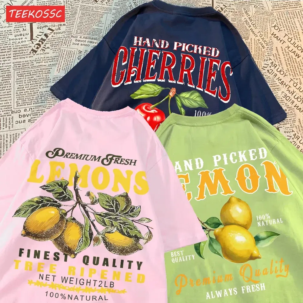 Color: SKY BLUE, Size: XXL - Summer Lemon Cherries Prints T-Shirts Cotton Women's Tops Oversize O-Neck Soft Short Sleeve tees Street Casual Womans Clothes
