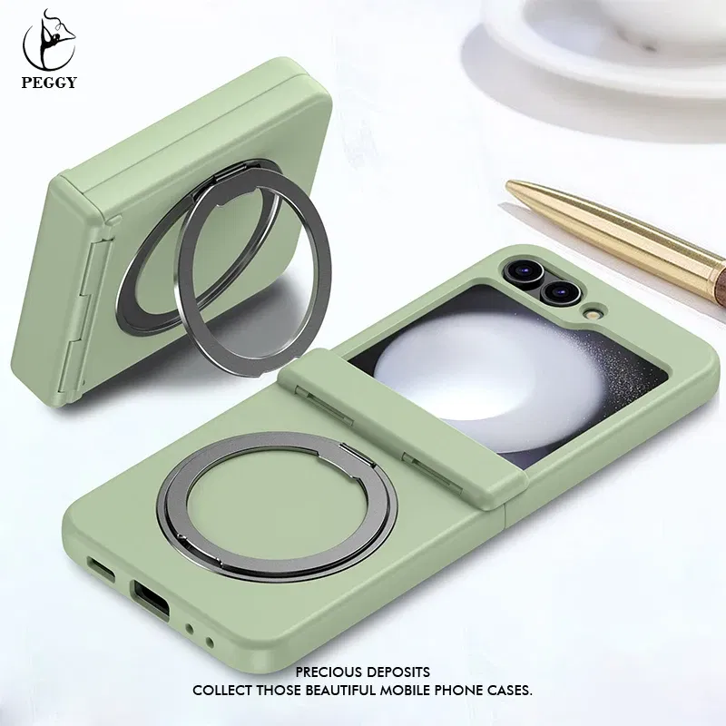 Color: Sky blue, Material: ABS - 360?° Rotating Holder Phone case For Samsung Galaxy Z Flip 5 Magsafe Wireless charge 360 Degree Ring Magnetic stand Phone Cover