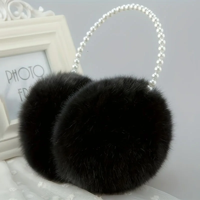 Color: pink - Faux Pearl Hoop Plush Headband Elegant Solid Color Fluffy Earmuffs Thick Coldproof Ear Warmer For Women Girls