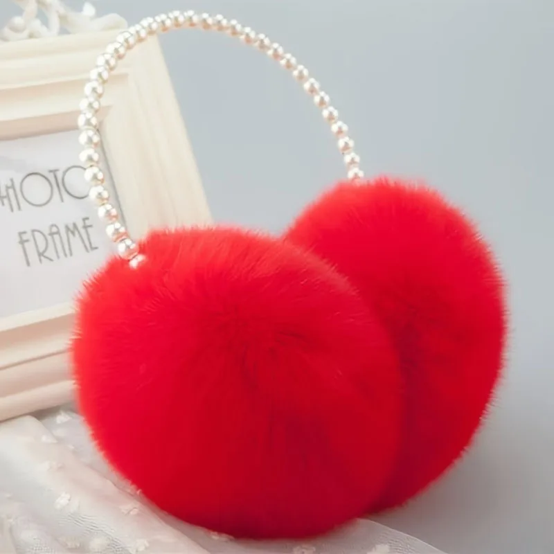Color: pink - Faux Pearl Hoop Plush Headband Elegant Solid Color Fluffy Earmuffs Thick Coldproof Ear Warmer For Women Girls