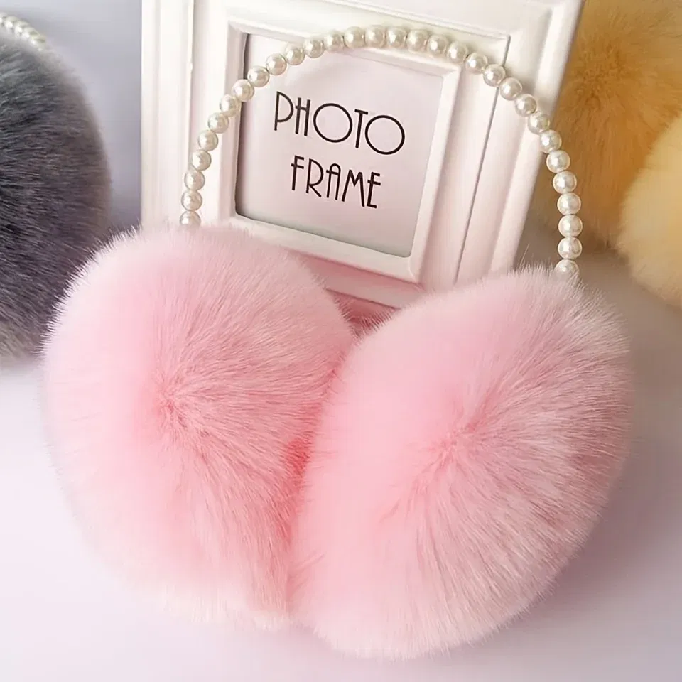 Color: pink - Faux Pearl Hoop Plush Headband Elegant Solid Color Fluffy Earmuffs Thick Coldproof Ear Warmer For Women Girls