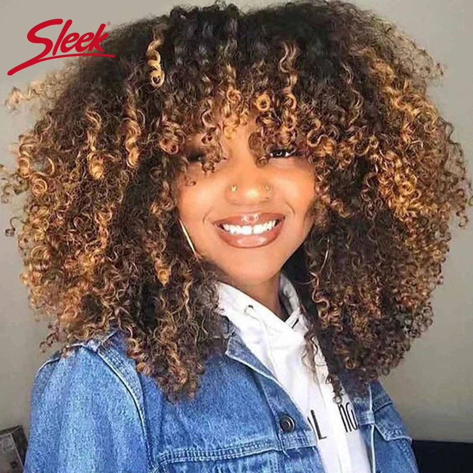 Hair Color: T Color, Stretched Length: 12INCHES, Density: 230% - Sleek P4/27 Afro Kinky Curly Human Hair Bob Wigs Brazilian Highlight T1b/30 Remy Hair With Bang 250% Density Black Human Hair