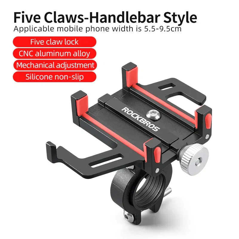 Color: Red - ROCKBROS Phone Holder Motorcycle Electric Bicycle Smartphone CNC Aluminum Alloy Bracket Five Claws Mechanical Bike Phone Holder