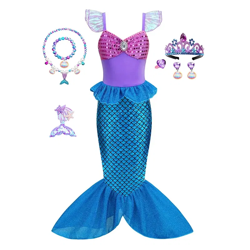 Color: SKY BLUE, Kid Size: 9 - Disney Little Mermaid Ariel Costumes for Girls Princess Dress Cosplay Halloween Carnival Kids Birthday Party Dress Up Clothing